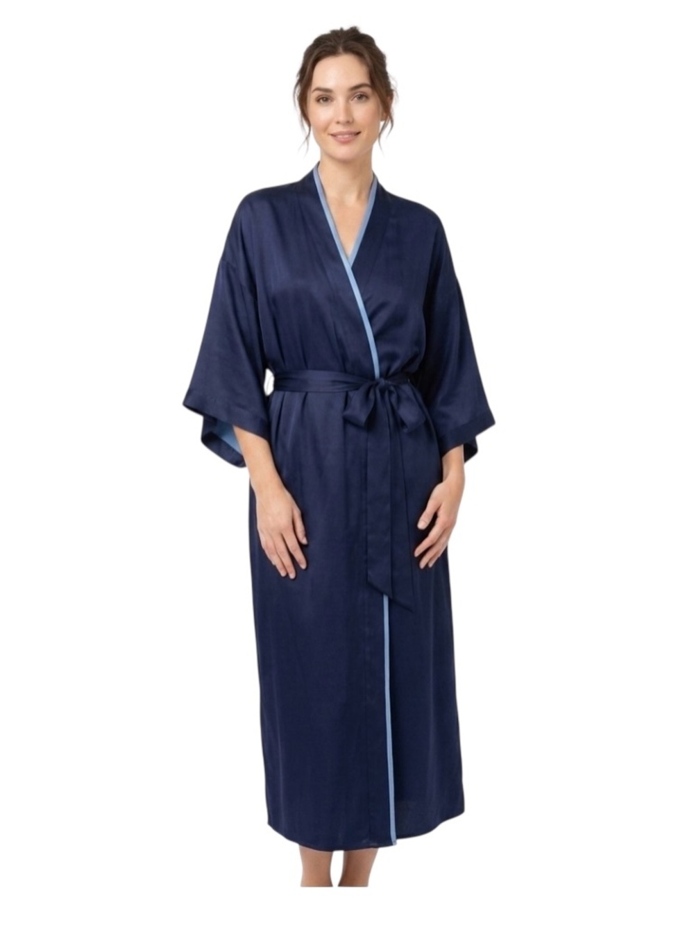 Tara Sartoria Women’s Artisan Silk Kimono Robe Sz S/M Navy Blue Quiet Luxury